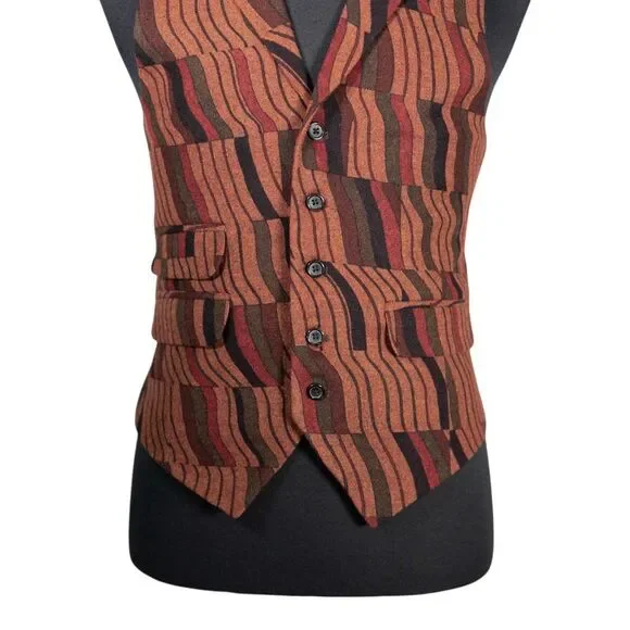 Mens 40R Wool Vest Brown Red Green Abstract Waistcoat Formal Wedding Groom Party